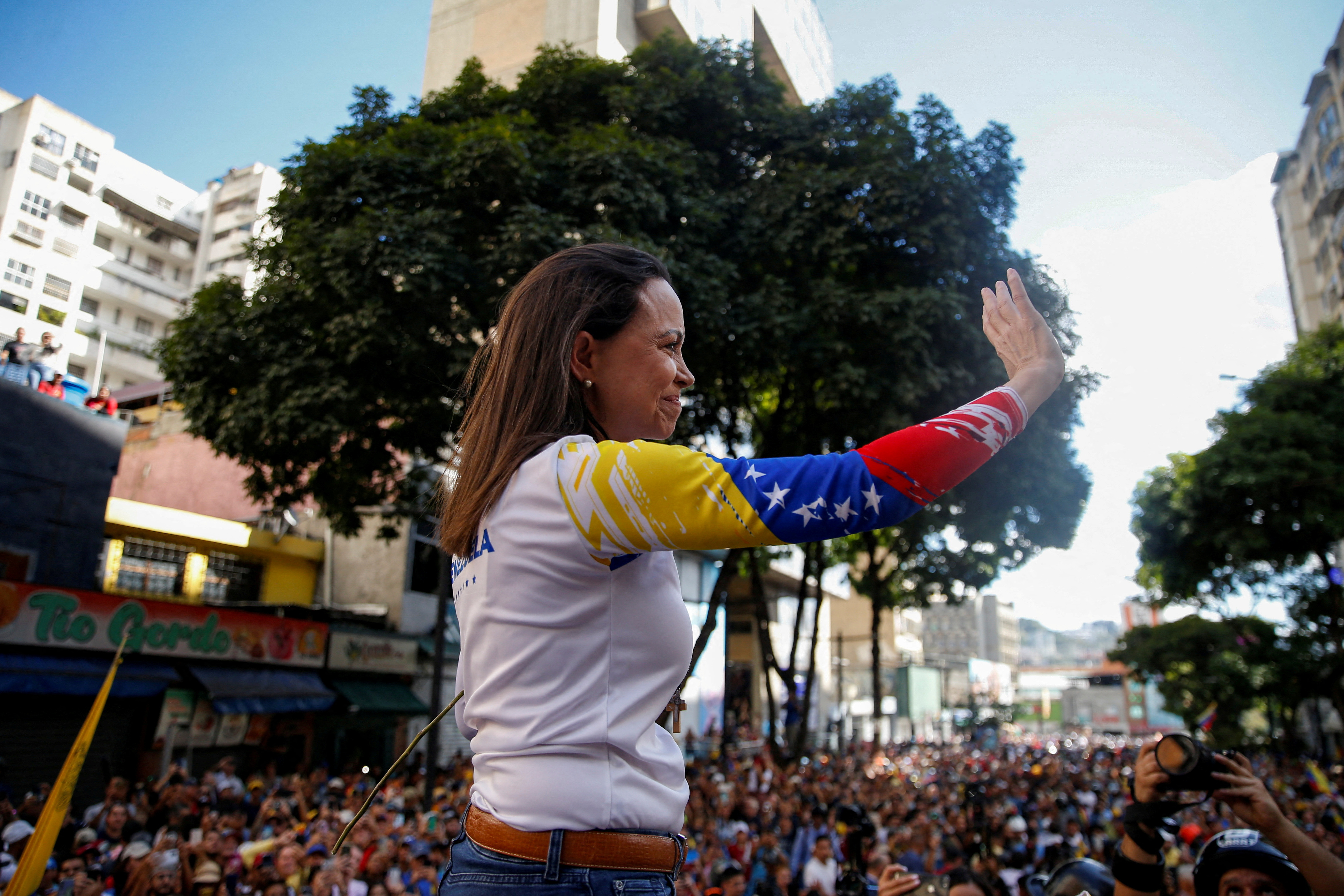 Venezuela opposition leader Machado appears at protest