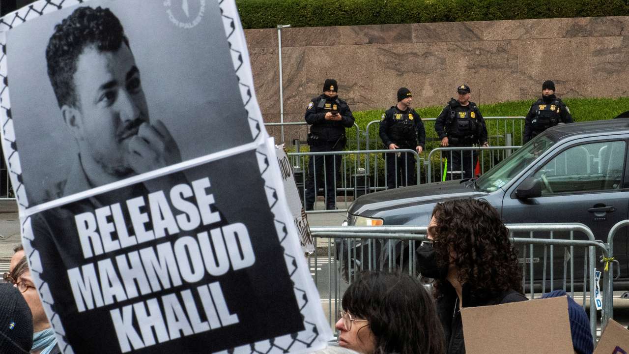 People take part in a rally held by Jewish activists for freedom and democracy and against the detention by ICE agents of Palestinian activist and Columbia University graduate student Mahmoud Khalil in New York