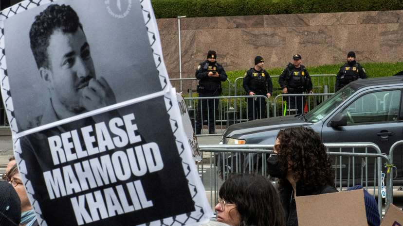 People take part in a rally held by Jewish activists for freedom and democracy and against the detention by ICE agents of Palestinian activist and Columbia University graduate student Mahmoud Khalil in New York