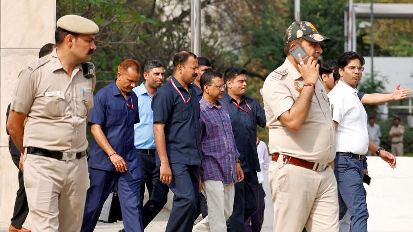 Chief Minister of Delhi Arvind Kejriwa leaves the court in New Delhi