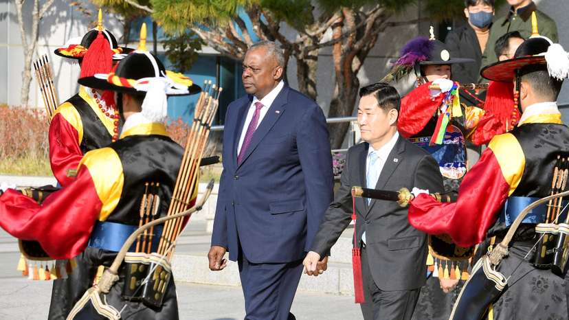 FILE PHOTO: U.S. Secretary of Defense Lloyd Austin and South Korean Defense Minister Shin Won-sik attend a welcome ceremony in Seoul