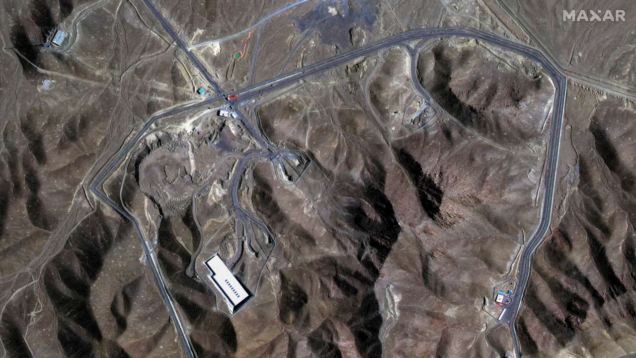 A satellite view shows an overview of Fordow underground complex, before the U.S. struck the underground nuclear facility, near Qom