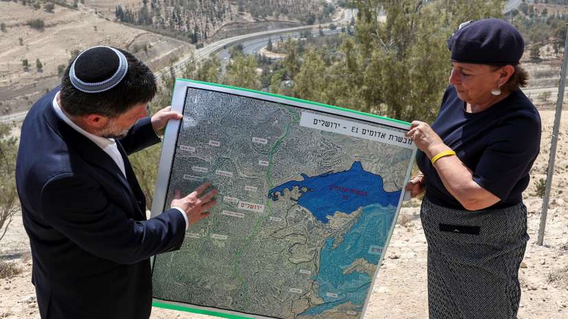 Israeli Finance Minister Smotrich speaks at a press conference regarding settlements expansion, near the Israeli settlement of Maale Adumim
