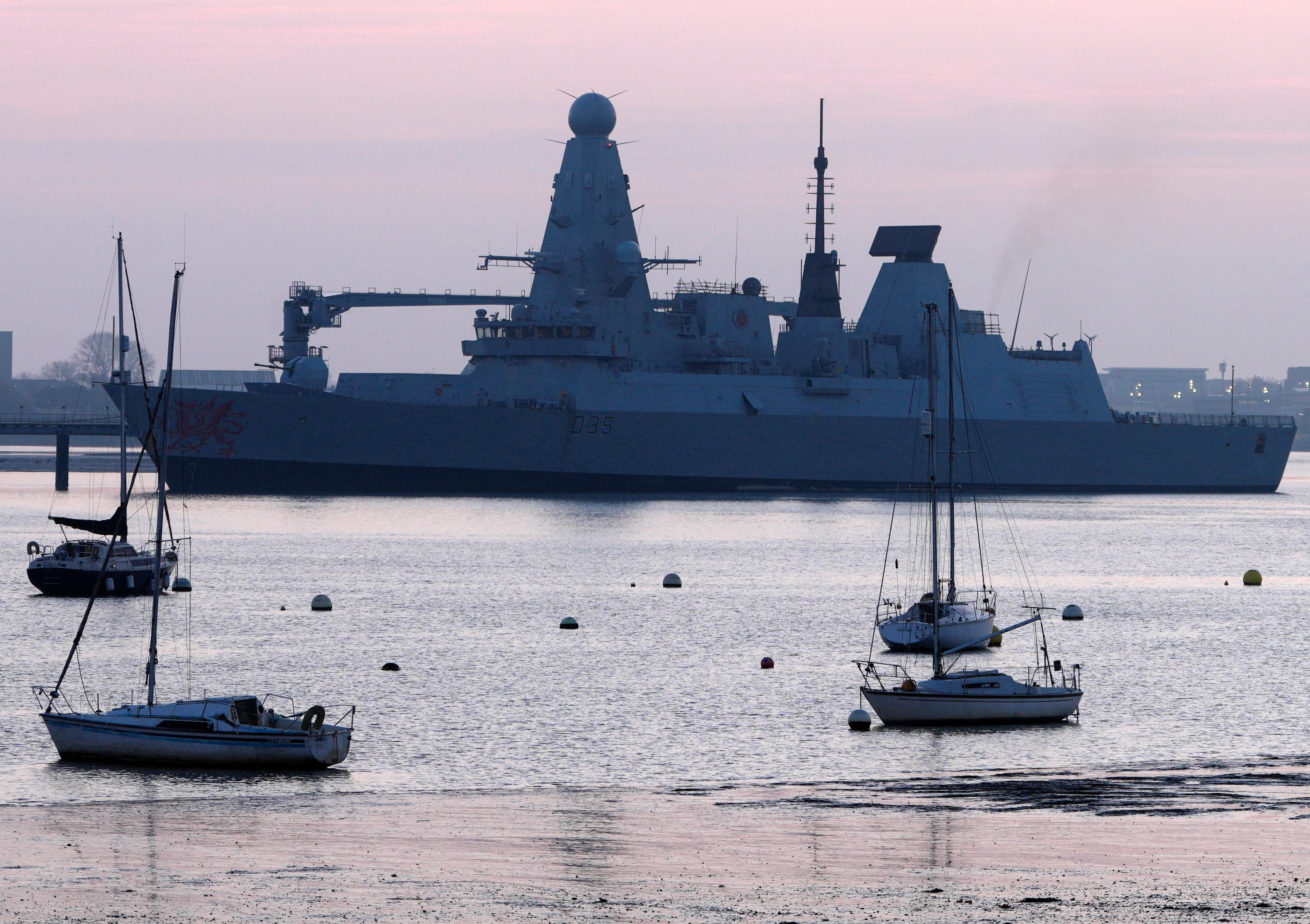 HMS Dragon at Portsmouth Harbour after the British Prime Minister Keir Starmer announced that Britain would deploy the naval vessel