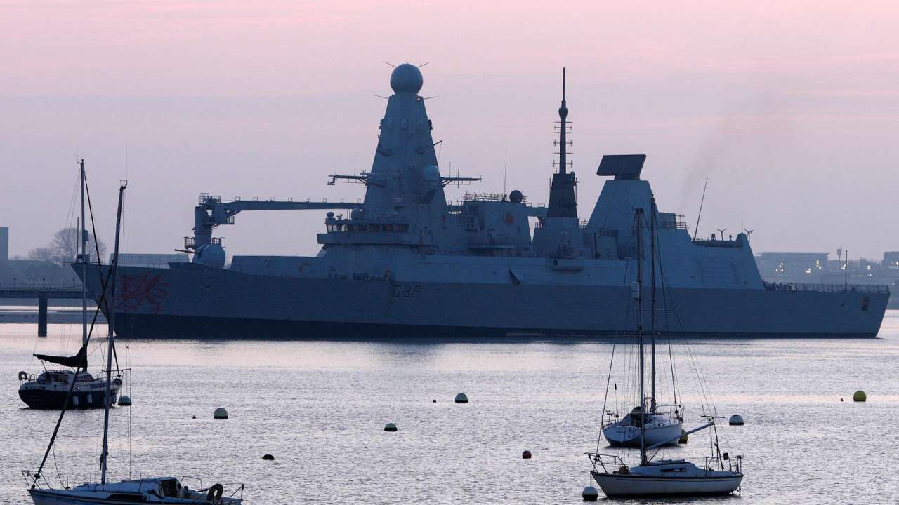 HMS Dragon at Portsmouth Harbour after the British Prime Minister Keir Starmer announced that Britain would deploy the naval vessel