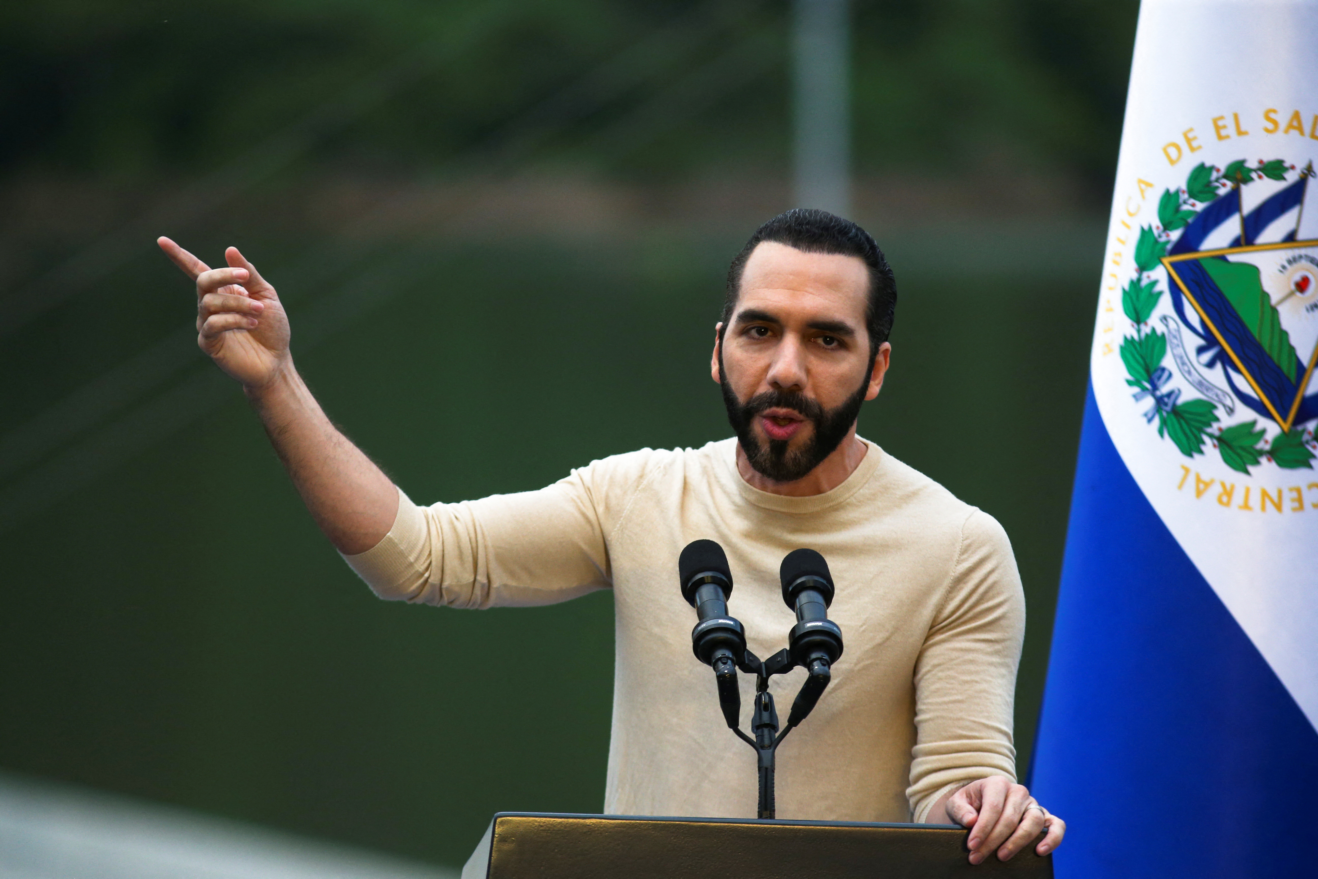 El Salvador's President Bukele speaks during the inauguration of the 3 de Febrero hydroelectric power plant in San Luis de La Reina