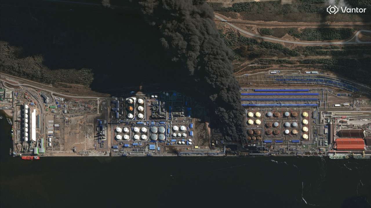 A satellite image shows smoke rising from Russia's Baltic port of Ust-Luga
