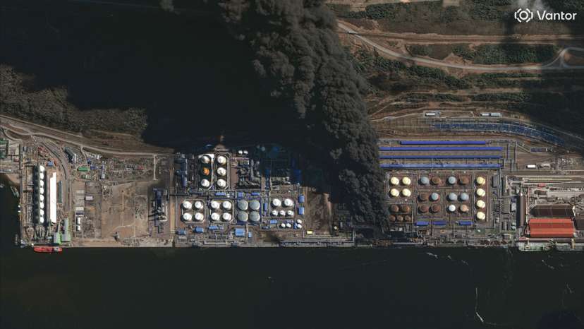 A satellite image shows smoke rising from Russia's Baltic port of Ust-Luga