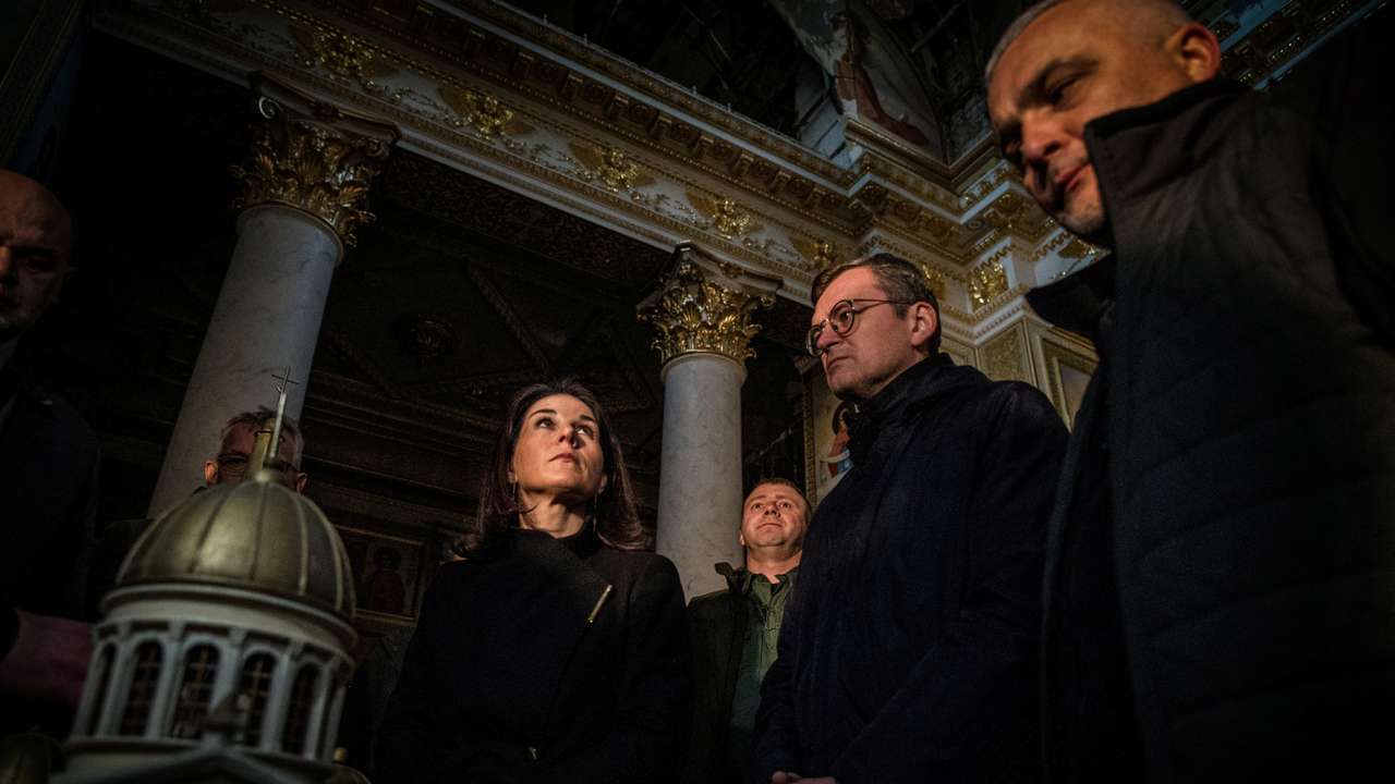 Germany's FM Baerbock and Ukrainian counterpart Kuleba visit damaged cathedral in Odesa