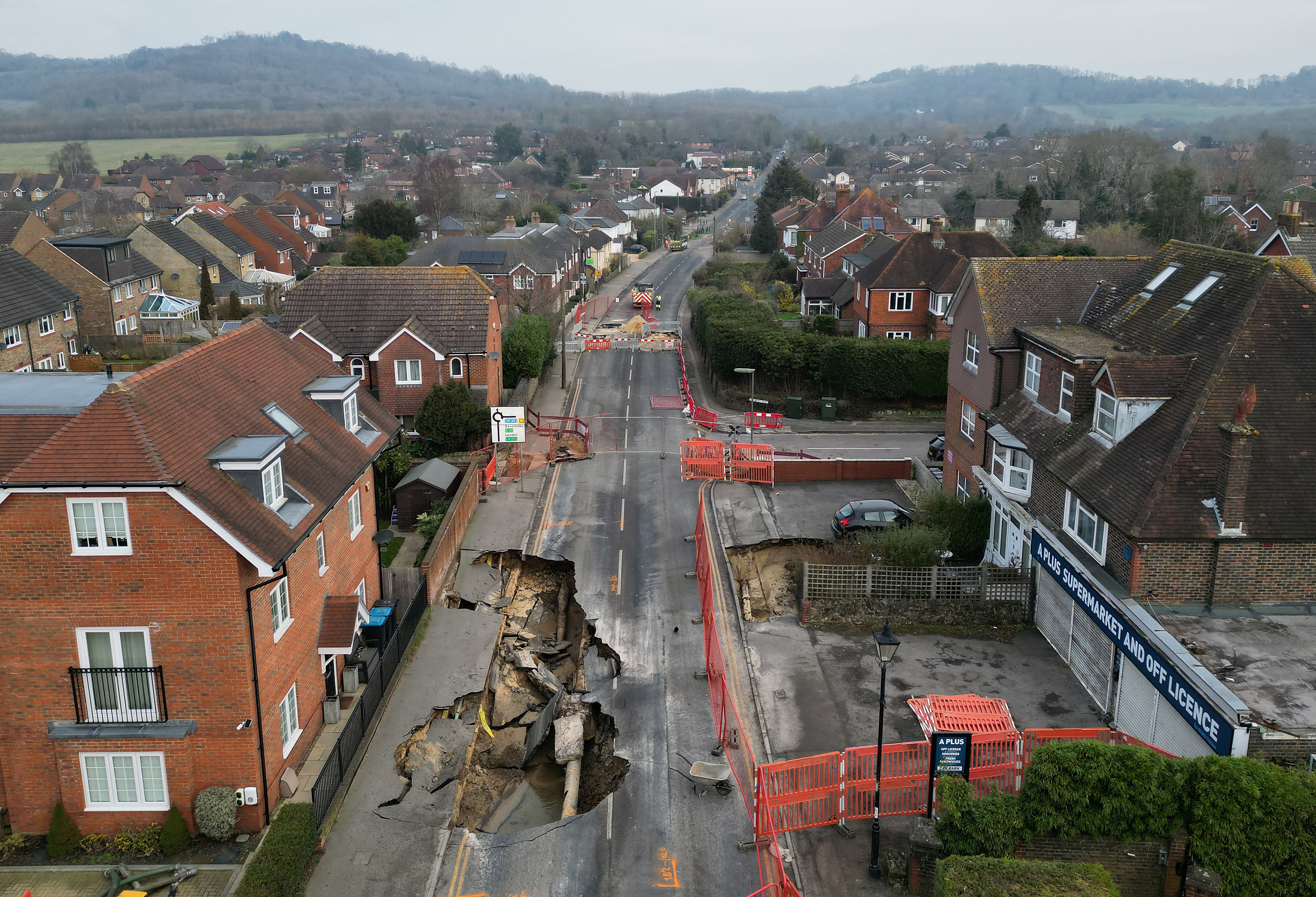 Drone view of large sinkhole in Godstone