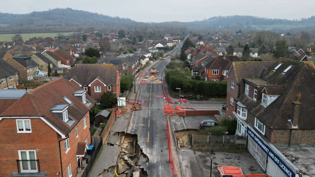 Drone view of large sinkhole in Godstone