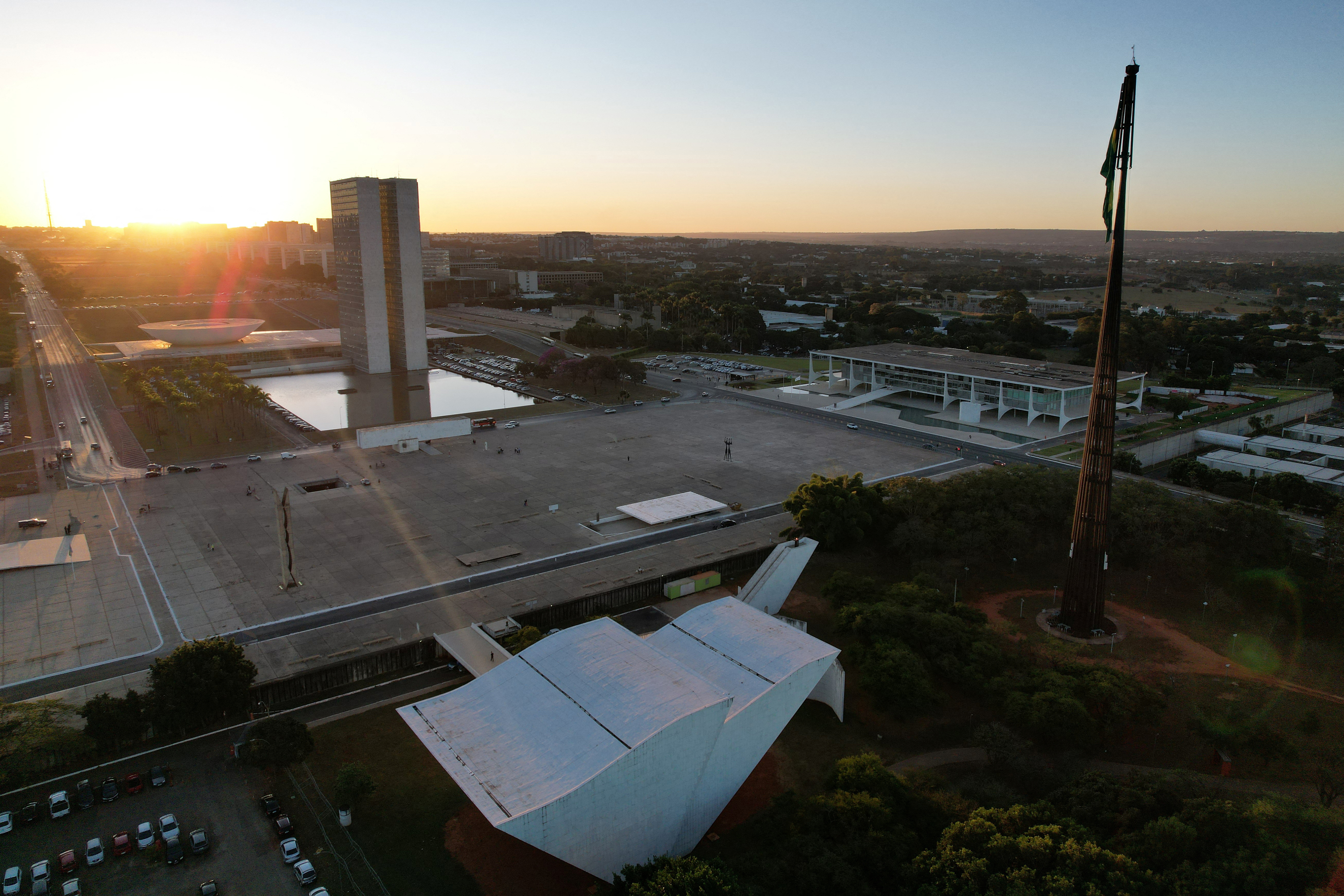 A drone view shows the National Congress and Planalto Palace at the Square of the Three Powers in Brasilia
