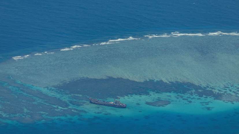FILE PHOTO: Aerial view of the contested Second Thomas Shoal in the South China Sea
