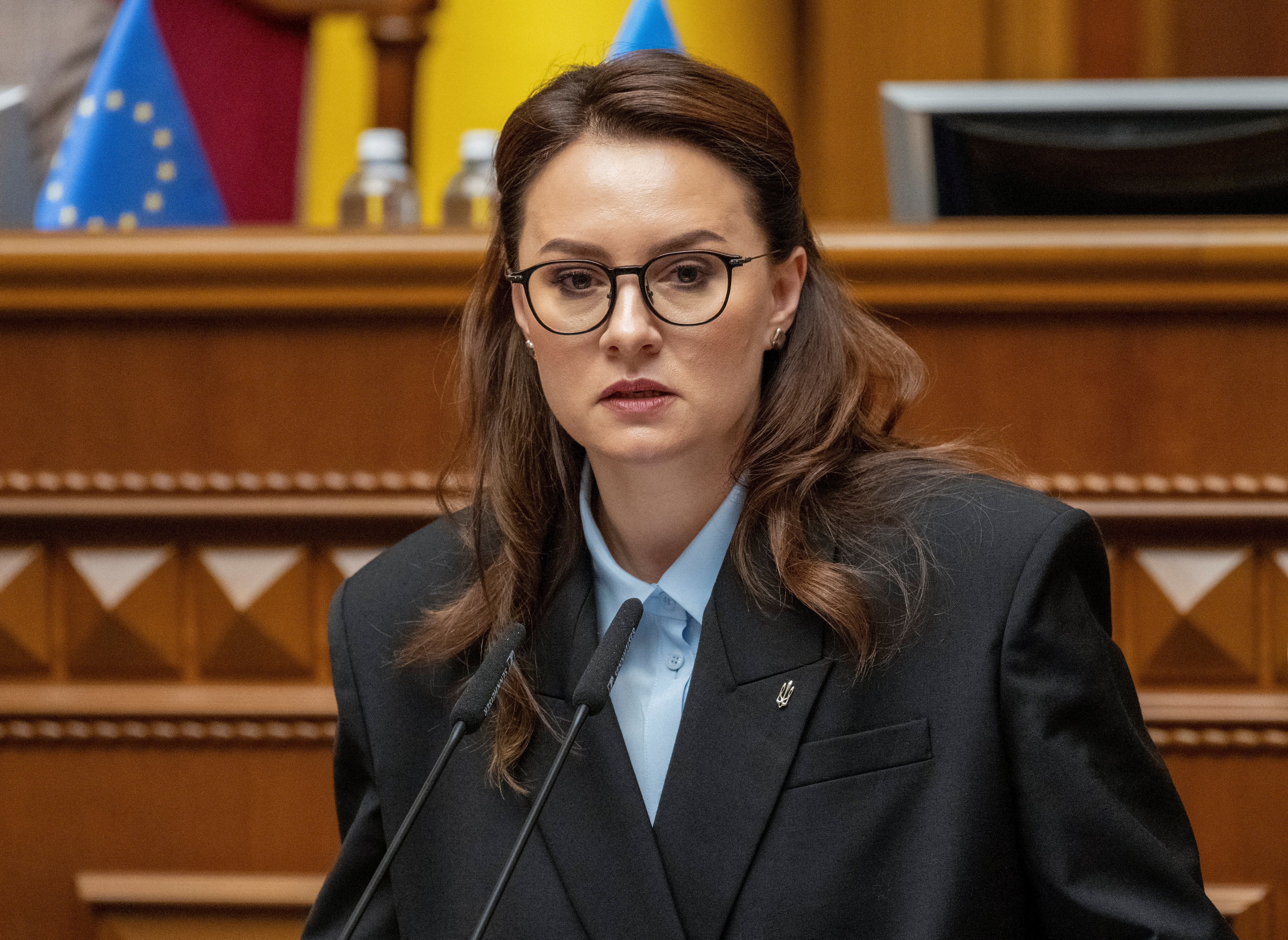 FILE PHOTO: A newly appointed Ukrainian Prime Minister Yulia Svyrydenko attends a session of Ukrainian parliament in Kyiv