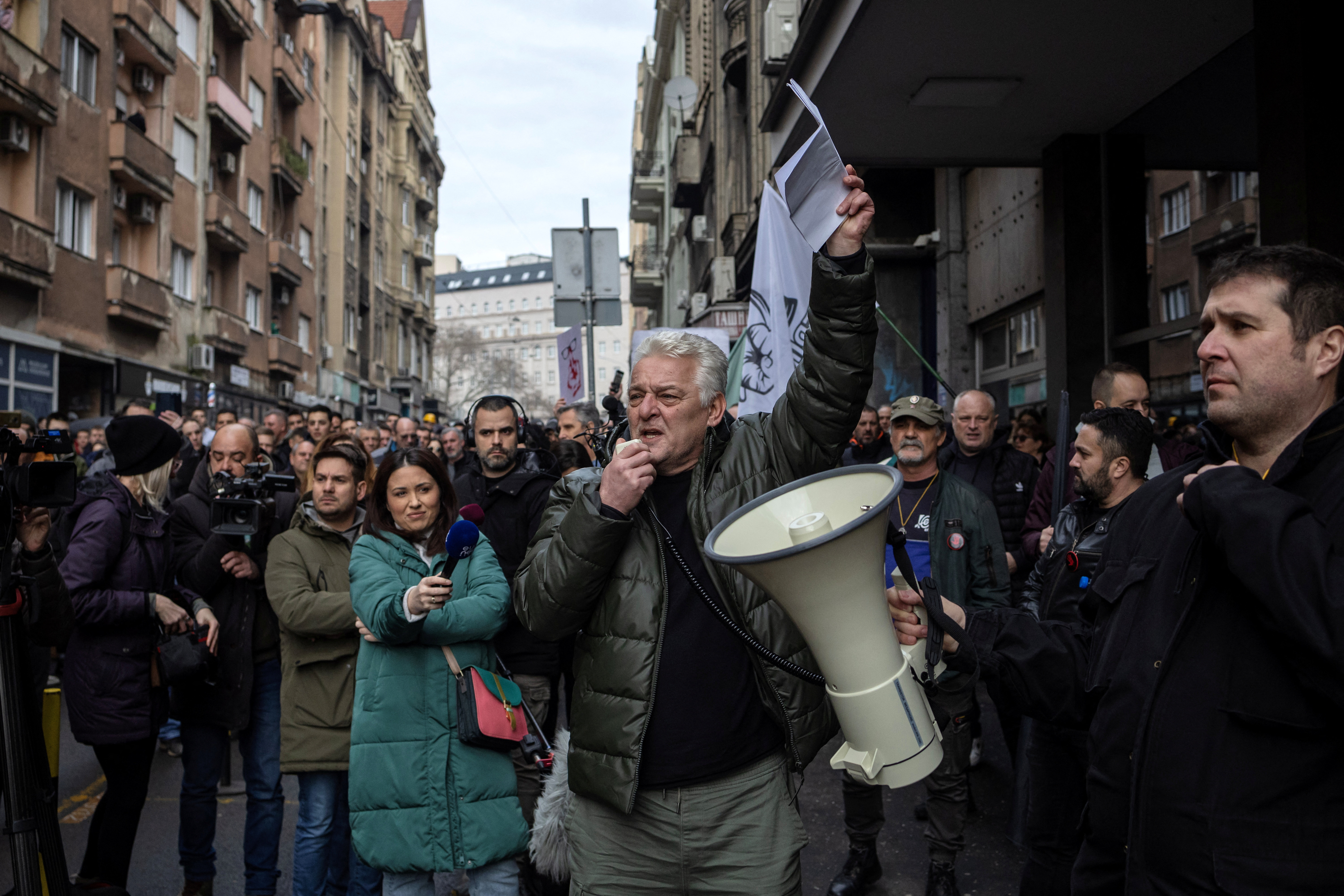 Students join workers of Serbia's state power utility stage protest against government policies in Belgrade