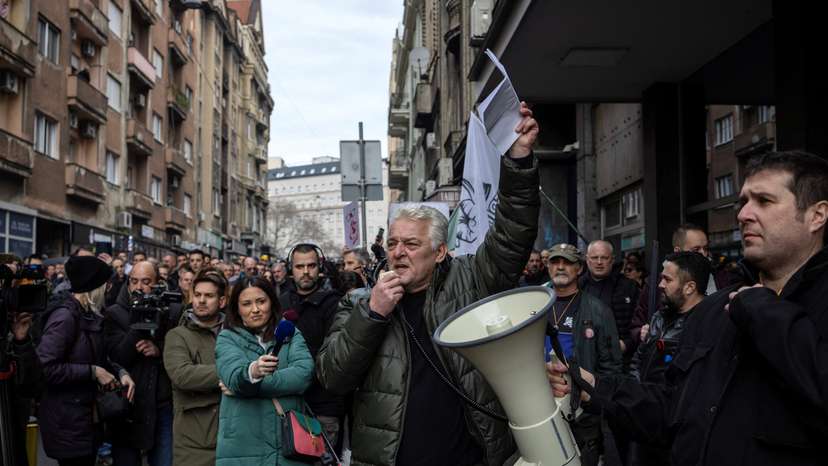 Students join workers of Serbia's state power utility stage protest against government policies in Belgrade