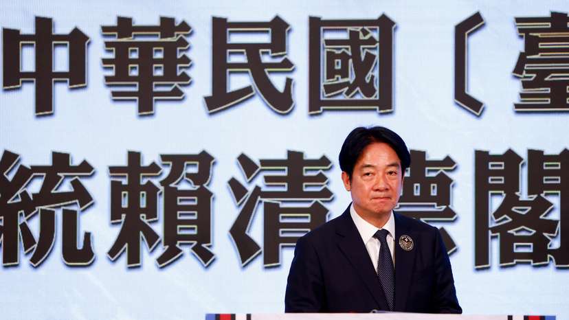 Taiwan President Lai Ching-te delivers a speech on the anniversary of the end of World War Two in Europe in Taipei