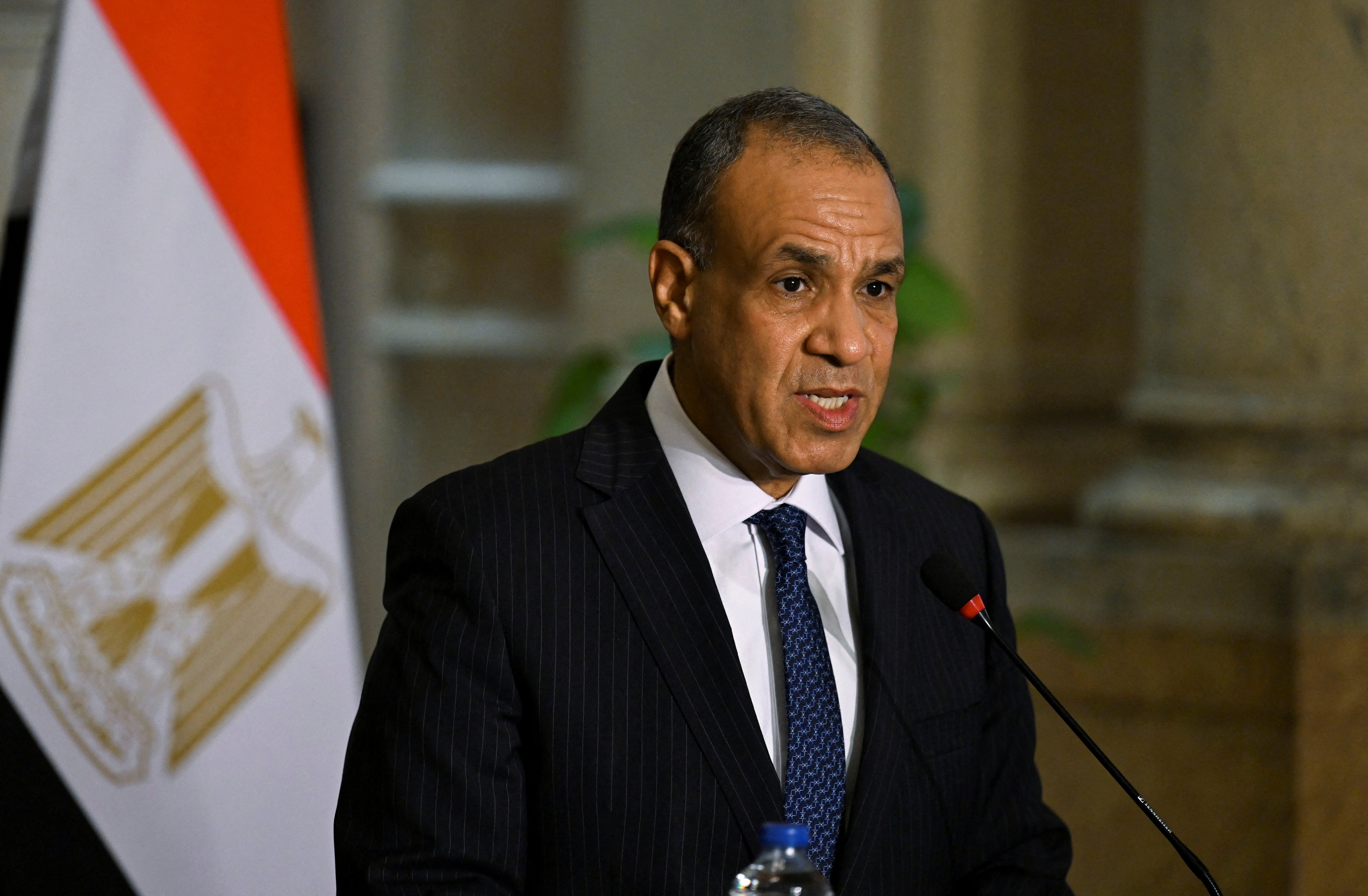 Egyptian Foreign Minister Badr Abdelatty speaks during a press conference with Philippe Lazzarini, in Cairo