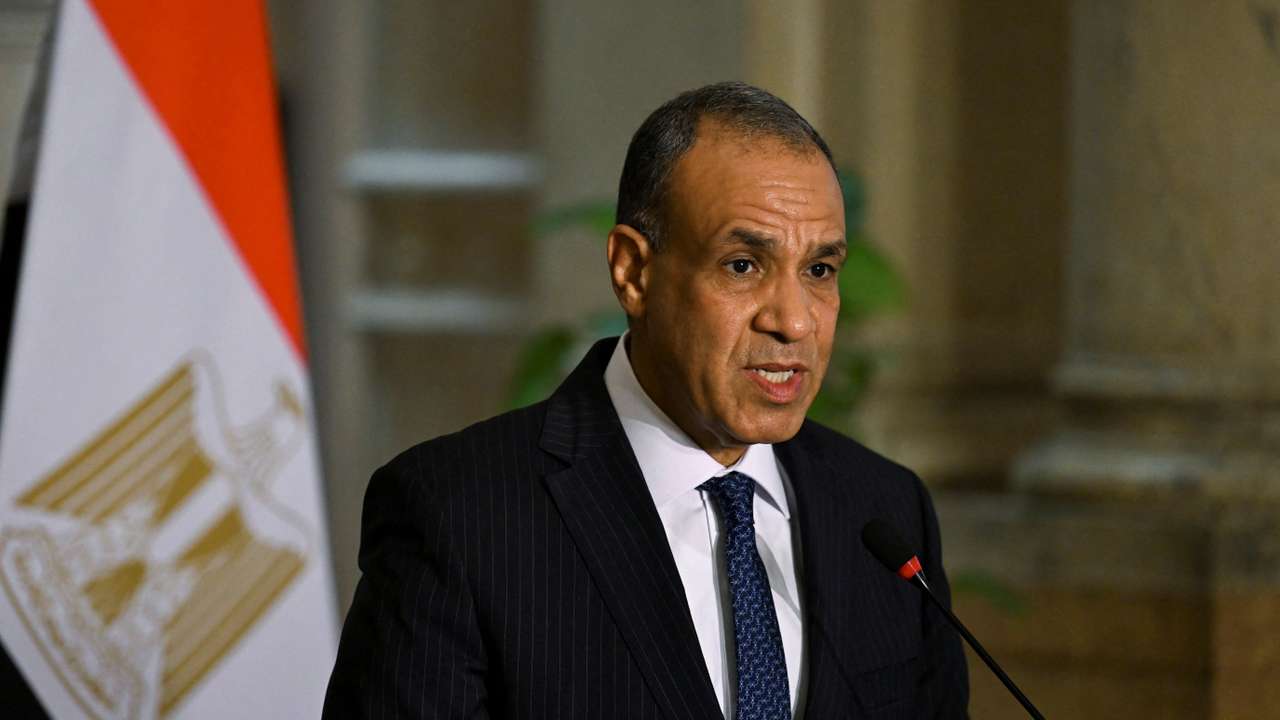 Egyptian Foreign Minister Badr Abdelatty speaks during a press conference with Philippe Lazzarini, in Cairo