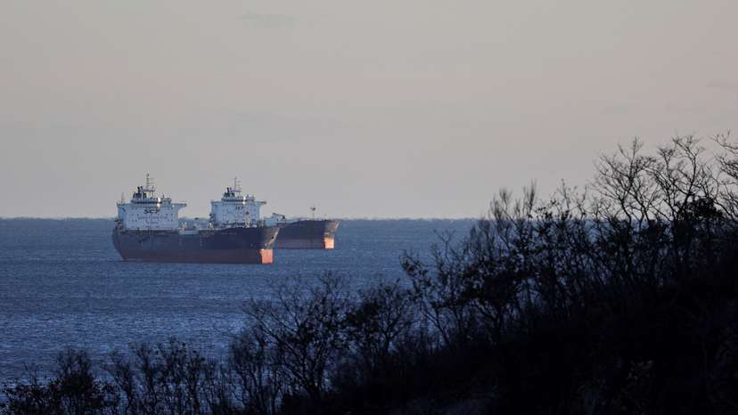Crude oil tankers lie at anchor in Nakhodka Bay