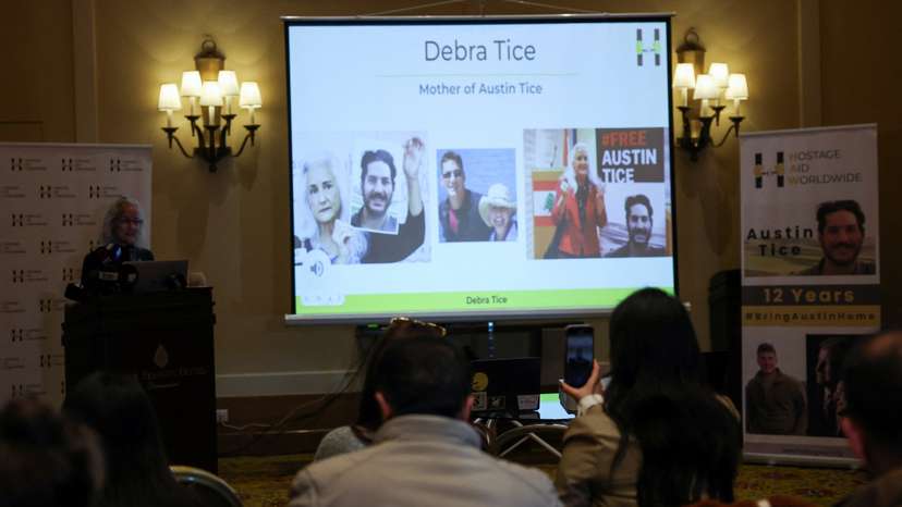 Debra Tice, mother of journalist Austin Tice attends a press conference in Damascus