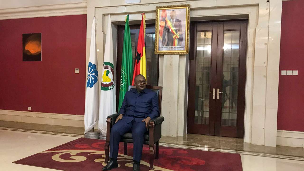 FILE PHOTO: Guinea-Bissau President Umaro Sissoco Embalo speaks to journalists at the presidential palace in Bissau