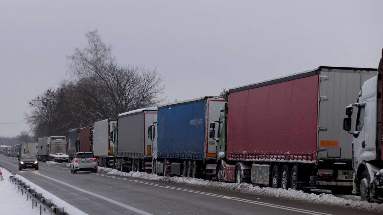 FILE PHOTO: FILE PHOTO: Trucks stuck in queue border at crossing with Ukraine, as Polish truckers protest