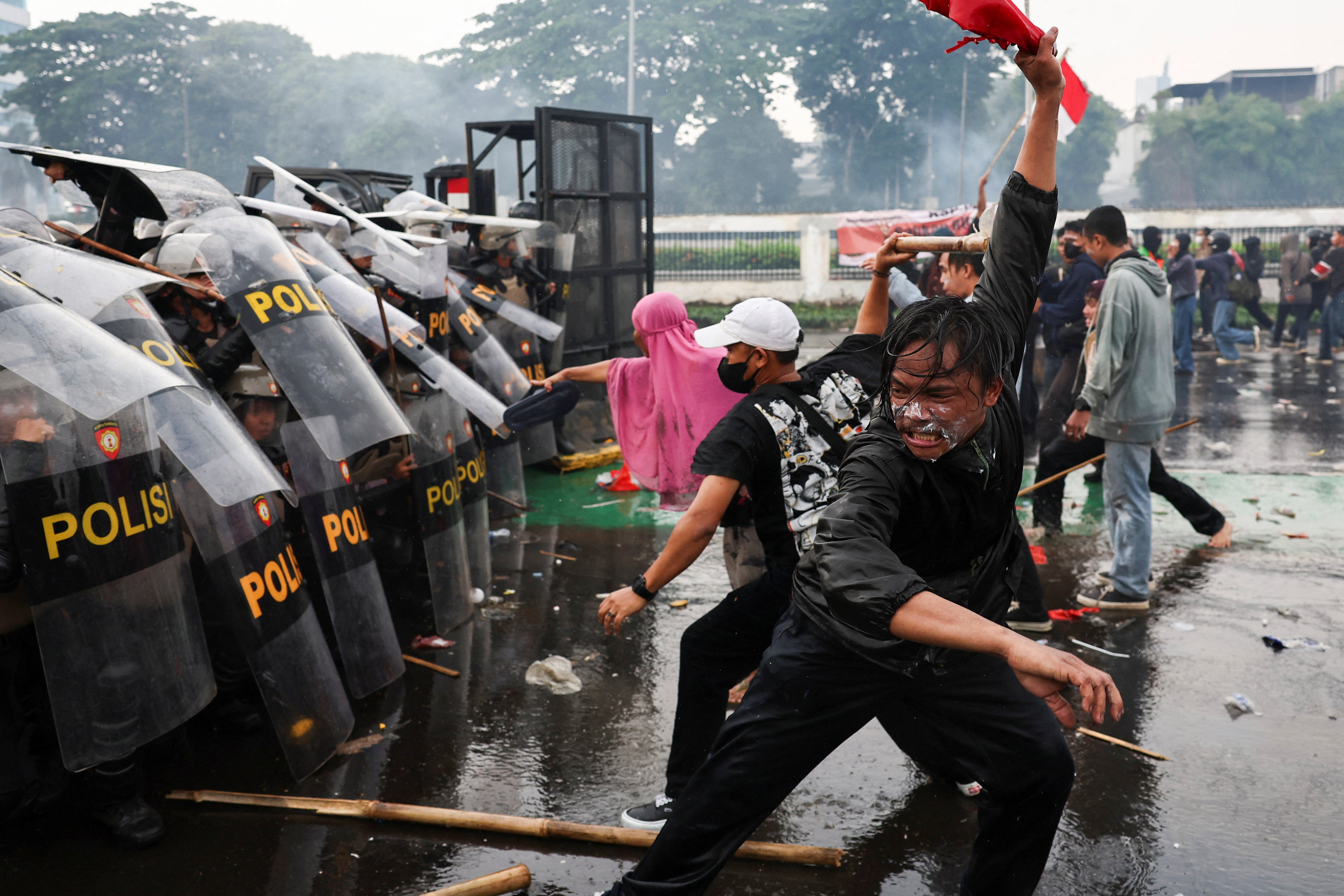 Protest outside Indonesian parliament buildings in Jakarta