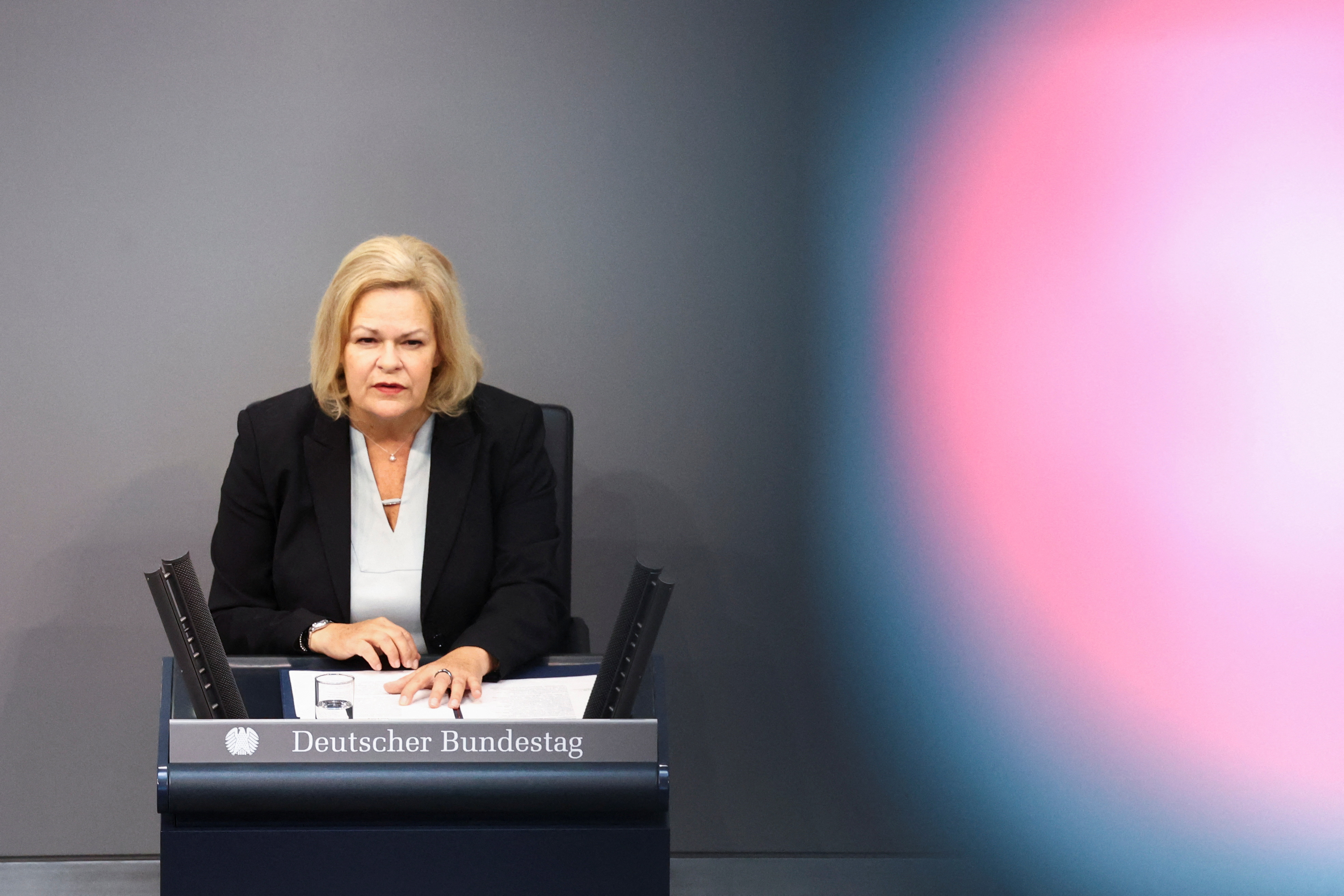 German Interior Minister Nancy Faeser addresses the lower house of parliament Bundestag on migration, in Berlin
