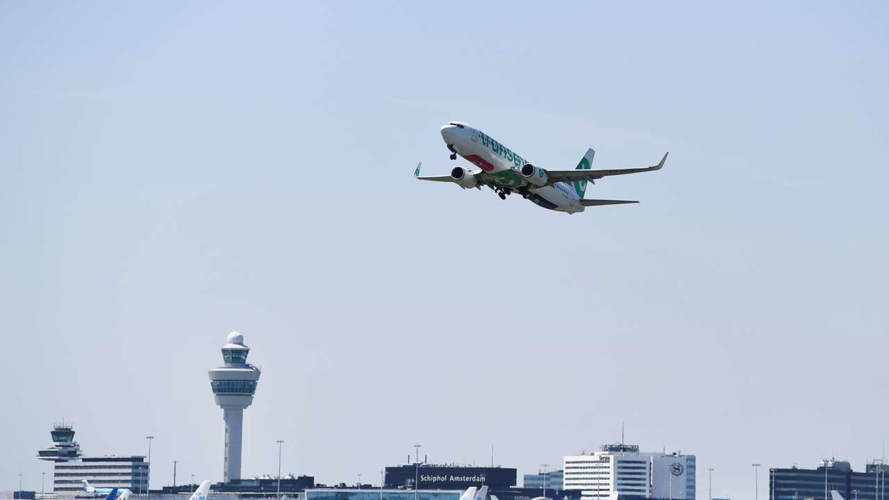 An airplane takes off from Schiphol Airport in Amsterdam