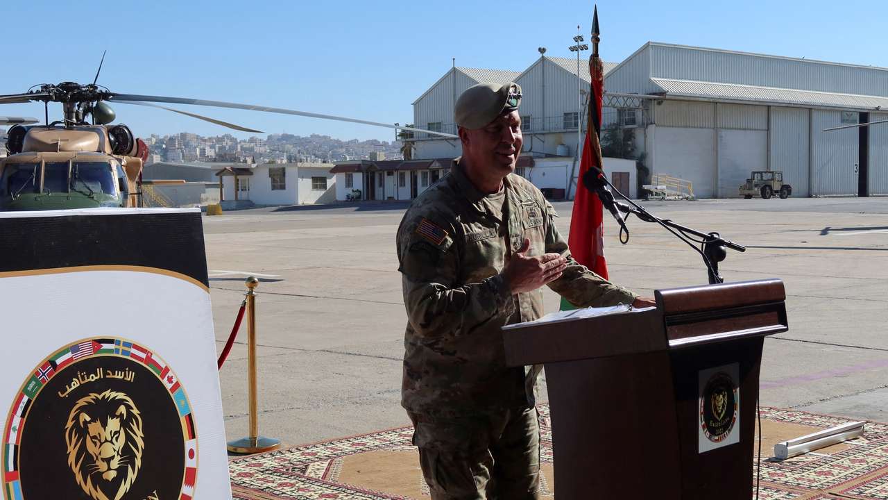 FILE PHOTO: General Michael "Erik" Kurilla , Commander of U.S. Central Command, speaks during a news conference in Amman's Marka air base