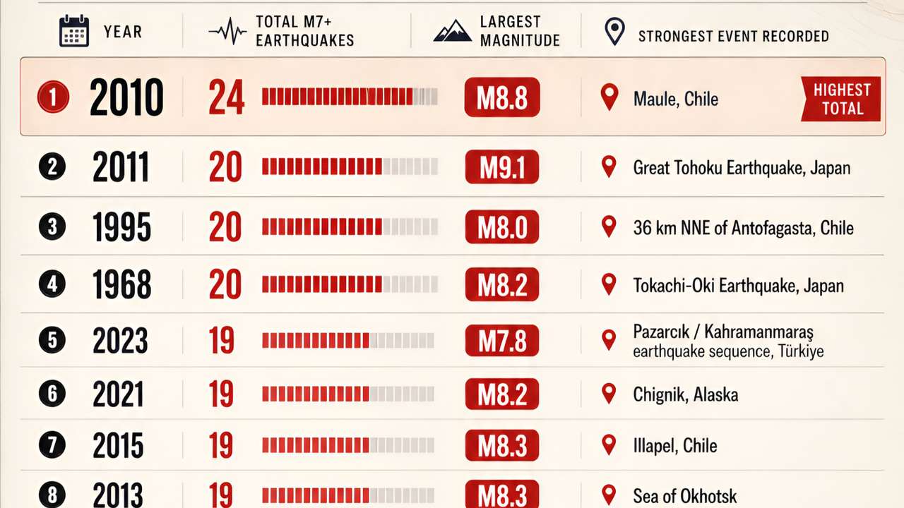 2010 recorded the most major earthquakes in USGS data