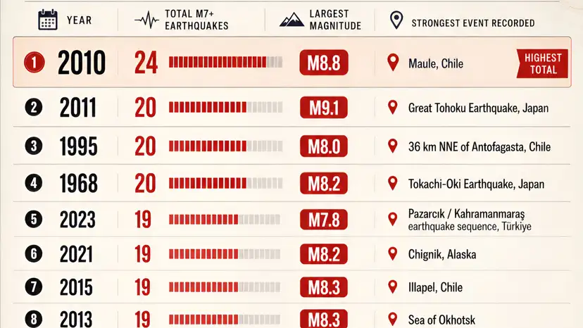 2010 recorded the most major earthquakes in USGS data