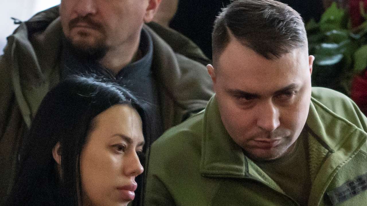 Ukraine's Military Intelligence chief Kyrylo Budanov and his wife Marianna attend a memorial ceremony in Kyiv