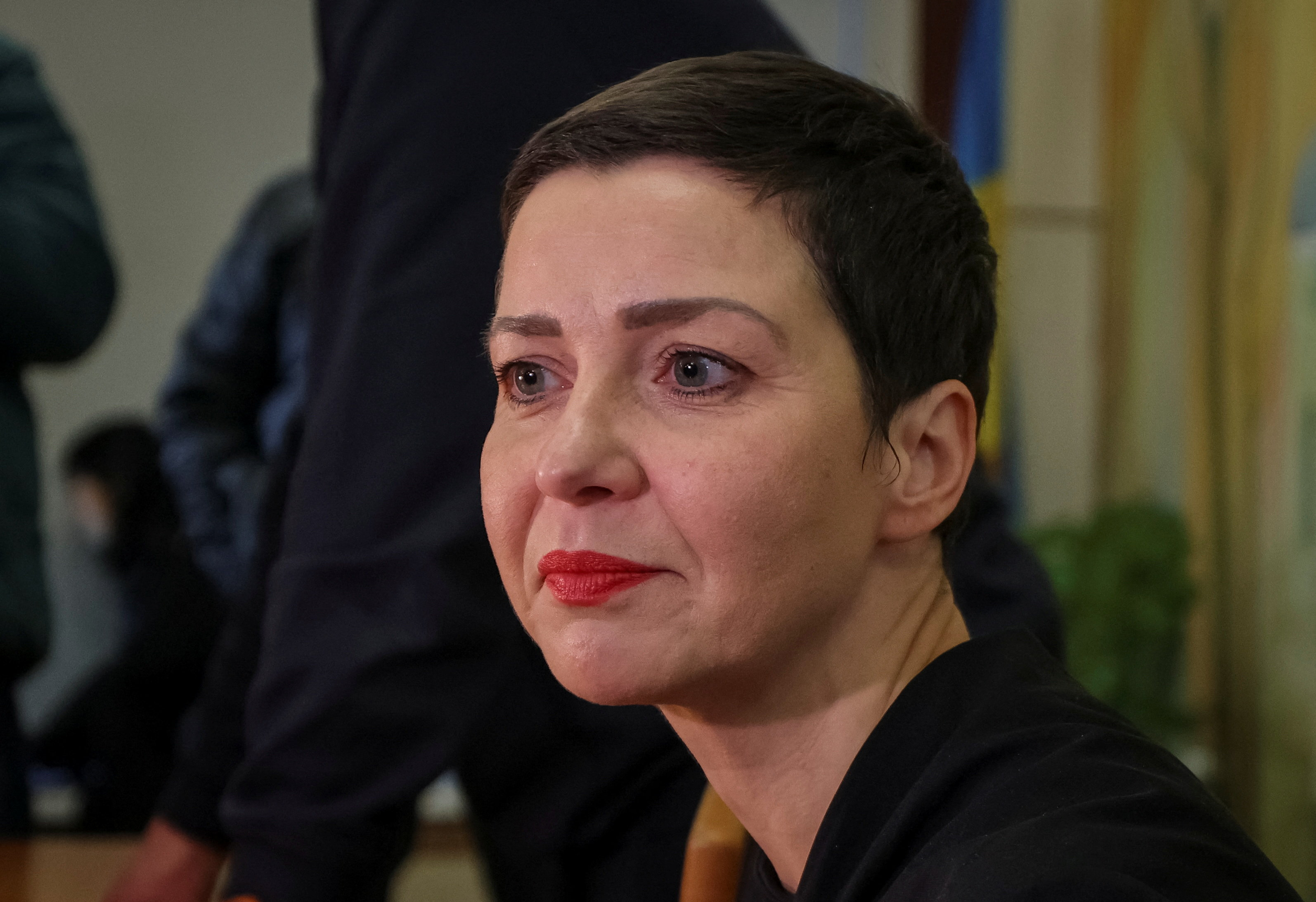 Belarusian opposition figures Kolesnikova and Babaryko attend a press conference after yesterday's release in Chernihiv