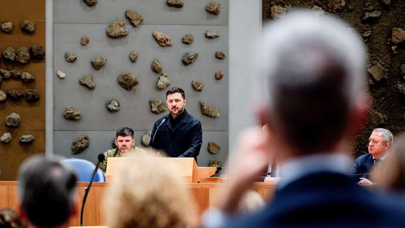 Ukrainian President Zelensky addresses the House of Representatives, in The Hague