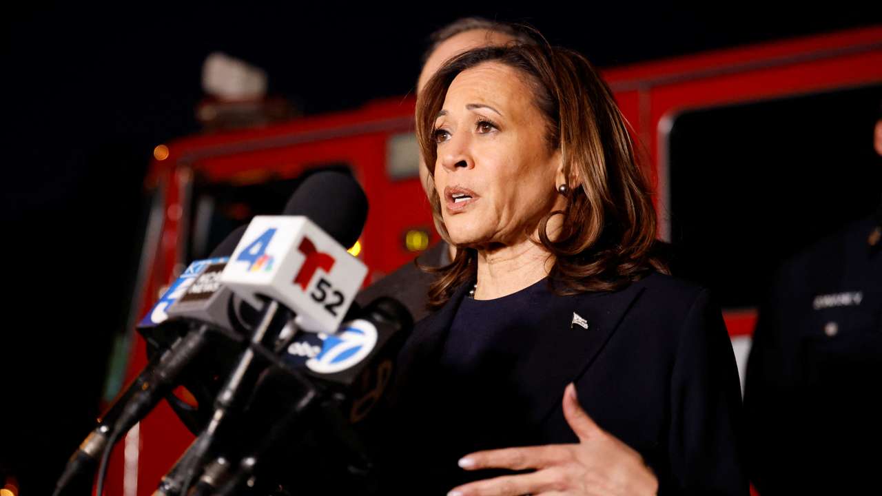 Former VP Kamala Harris visits fire station amid Eaton Fire