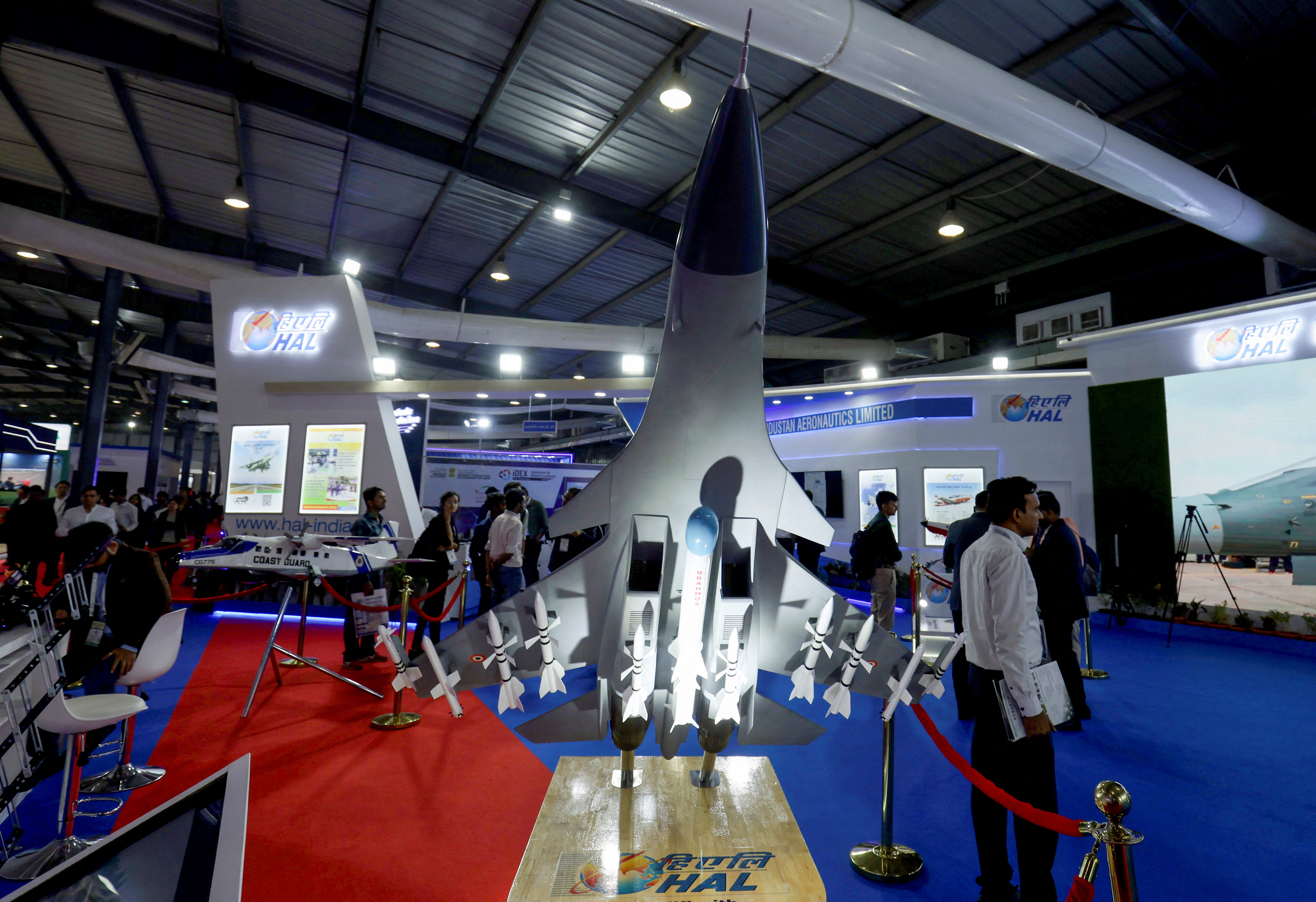 The logo of Hindustan Aeronautic Limited is pictured in a stall at the Vibrant Gujarat Global Trade Show at Gandhinagar