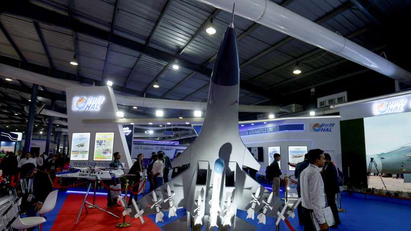 The logo of Hindustan Aeronautic Limited is pictured in a stall at the Vibrant Gujarat Global Trade Show at Gandhinagar
