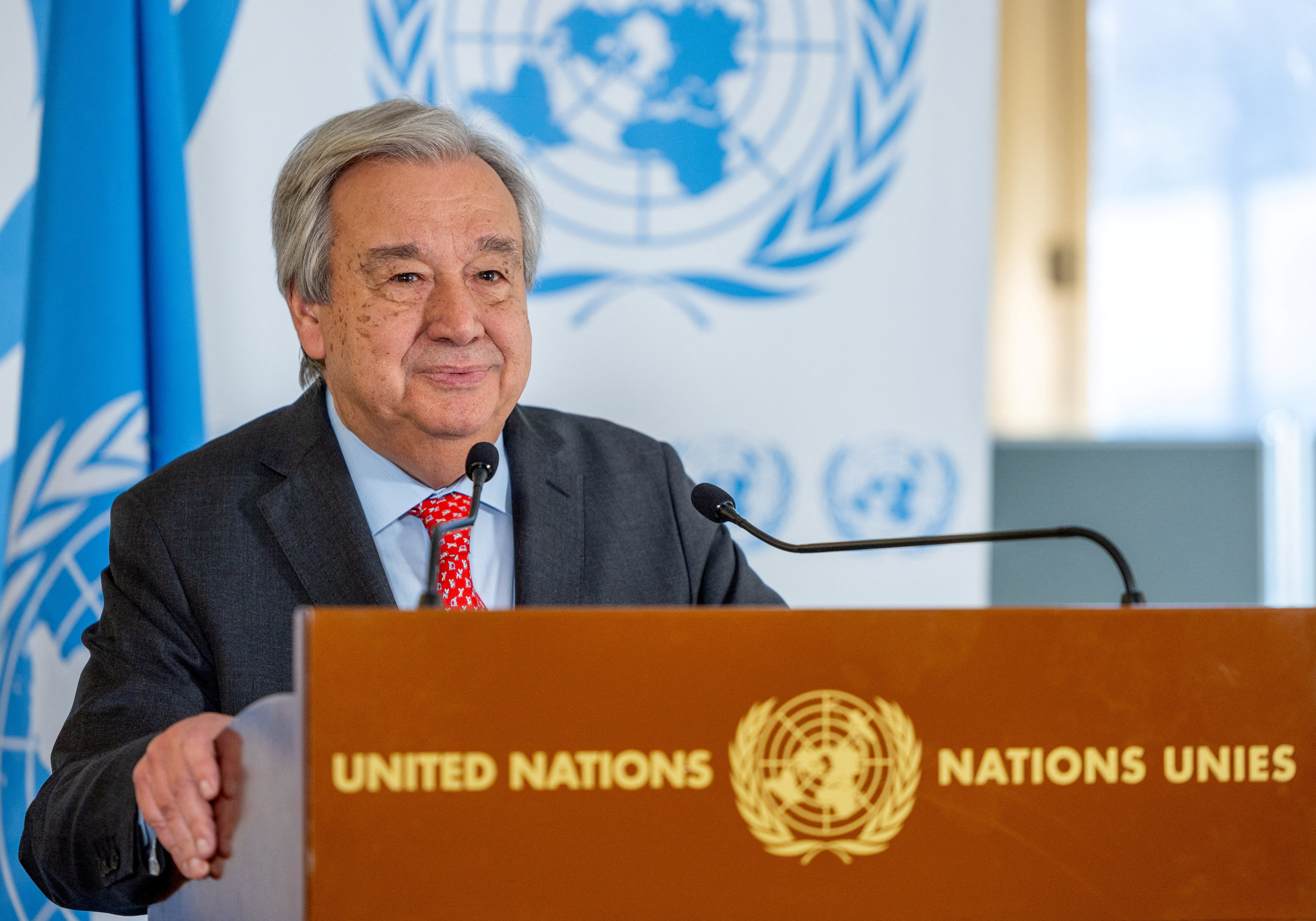 United Nations Secretary General Antonio Guterres speaks during a stake out at the Human Rights Council at the U.N. in Geneva