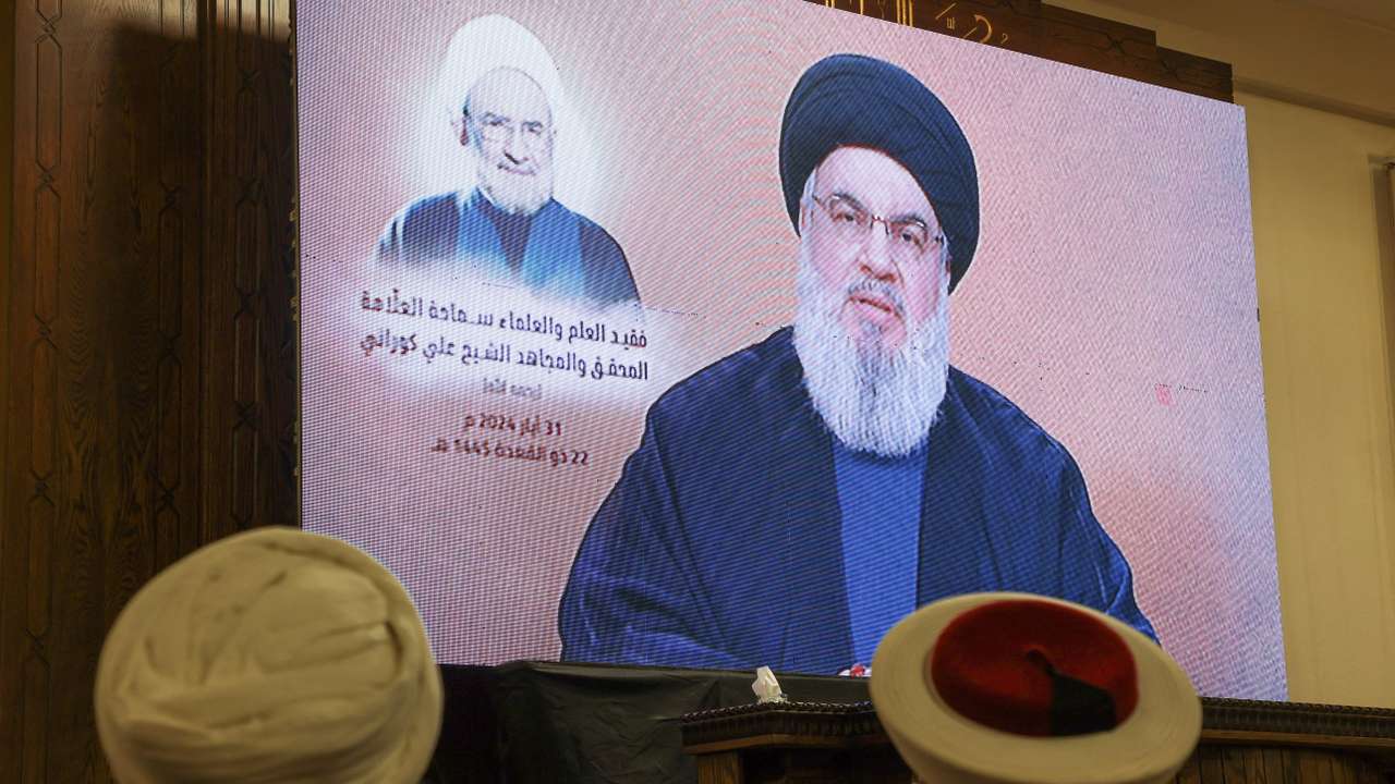 FILE PHOTO: Lebanon's Hezbollah leader Sayyed Hassan Nasrallah gives a televised address during a ceremony, in Beirut's southern suburbs