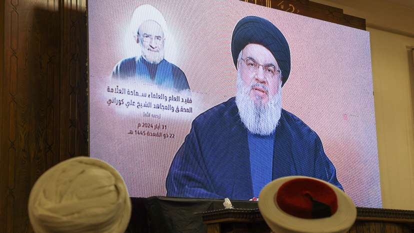 FILE PHOTO: Lebanon's Hezbollah leader Sayyed Hassan Nasrallah gives a televised address during a ceremony, in Beirut's southern suburbs