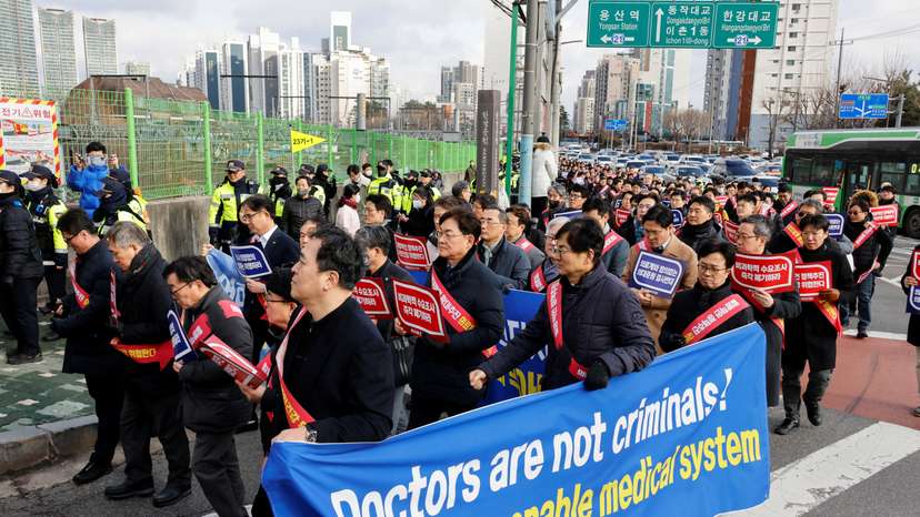 South Korean doctors march to protest against the government medical policy in Seoul