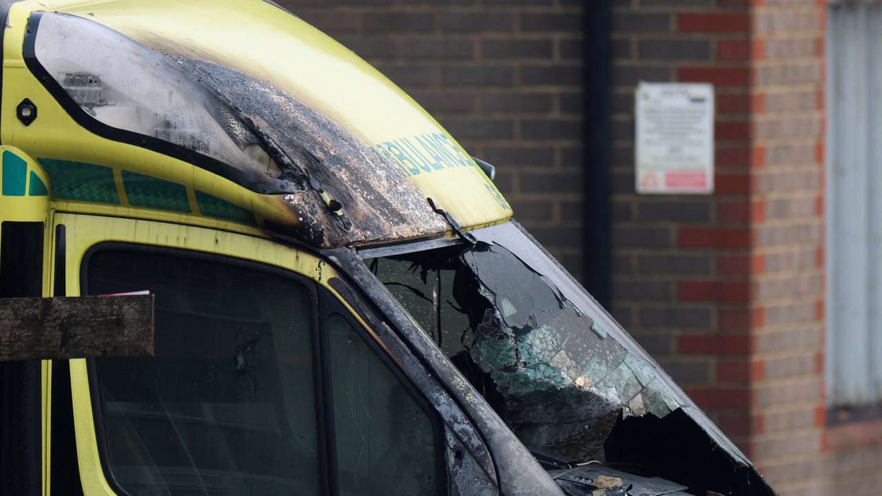 A damaged ambulance, among the four ambulances belonging to Hatzola, a Jewish community organisation, that were set on fire in northwest London