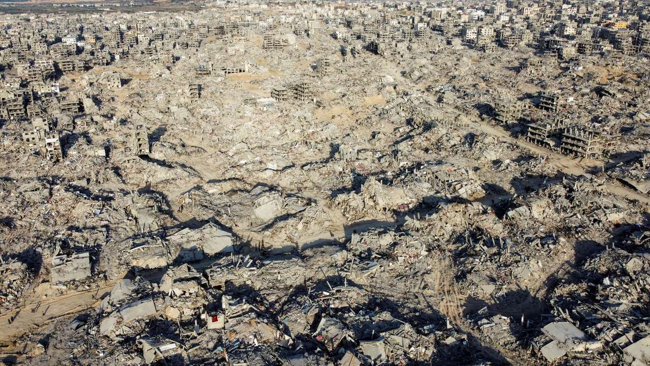 FILE PHOTO: A drone view shows houses and buildings lying in ruins, following a ceasefire between Israel and Hamas, in the northern Gaza Strip