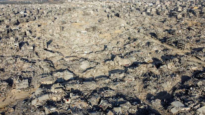FILE PHOTO: A drone view shows houses and buildings lying in ruins, following a ceasefire between Israel and Hamas, in the northern Gaza Strip