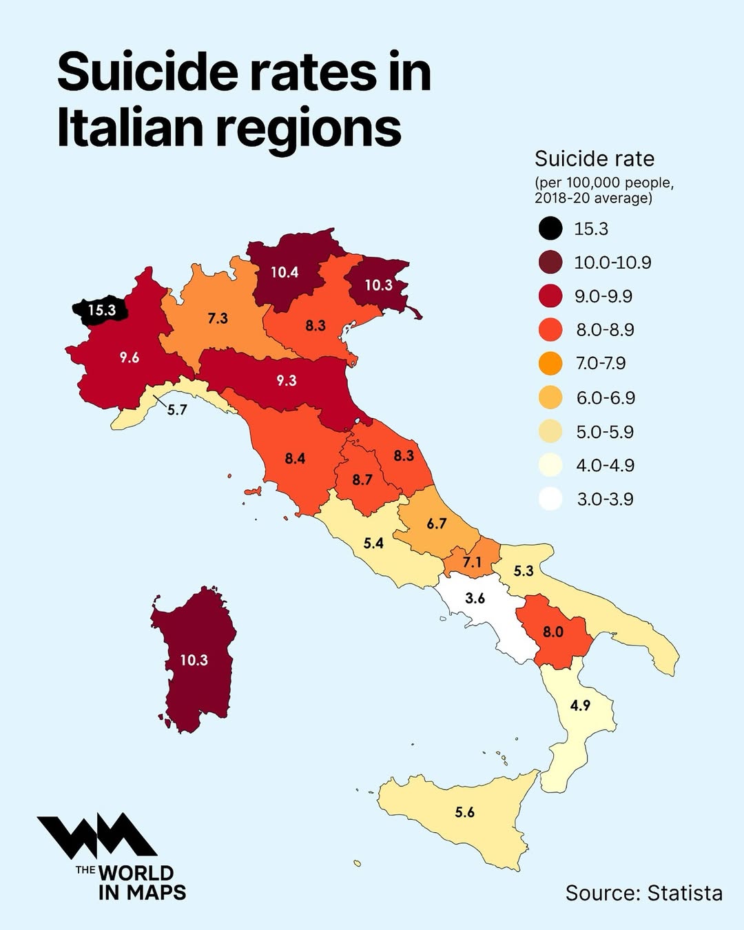 This map shows the average suicide rates per 100,000 people in Italy’s regions between 2018 and 2020. The data reveals significant regional variation, with Aosta Valley recording the highest rate at 15.3, more than four times higher than 