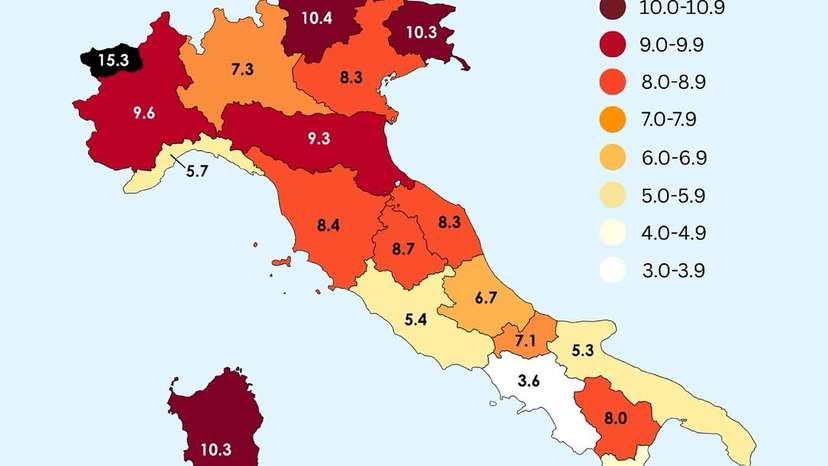 This map shows the average suicide rates per 100,000 people in Italy’s regions between 2018 and 2020. The data reveals significant regional variation, with Aosta Valley recording the highest rate at 15.3, more than four times higher than