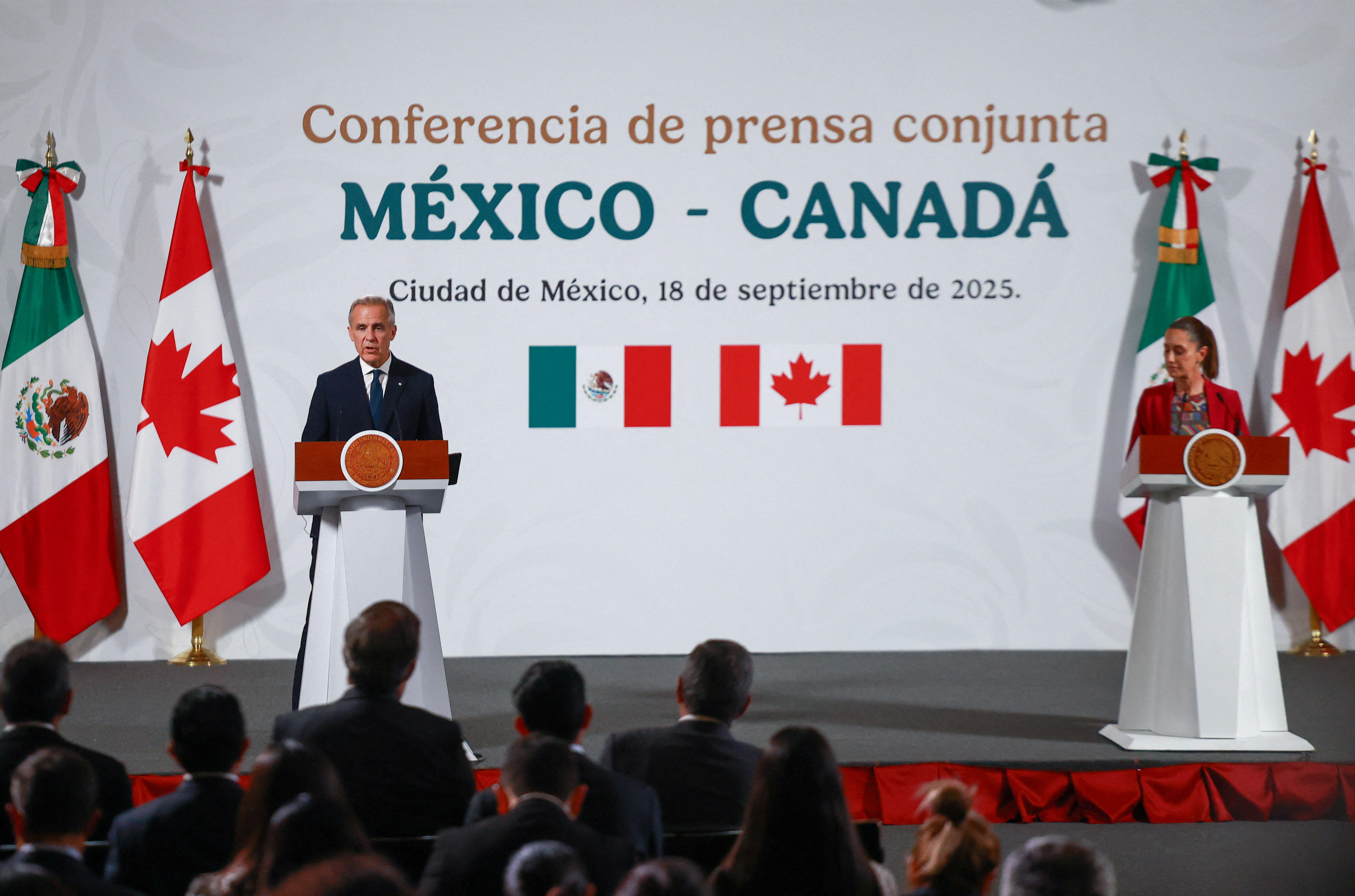Mexican President Claudia Sheinbaum and Canadian PM Mark Carney hold a press conference, in Mexico City