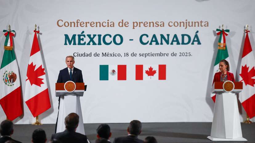 Mexican President Claudia Sheinbaum and Canadian PM Mark Carney hold a press conference, in Mexico City